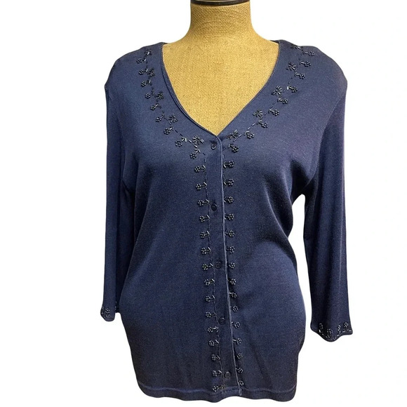 Lemon Grass navy cardigan with beaded embellishment cuffs, collar & by buttons L - Picture 1 of 5